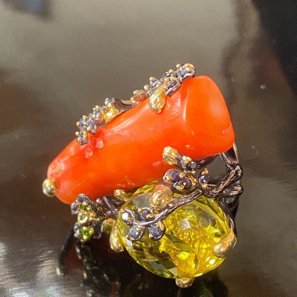 Masterpiece Genuine Lemon Quartz Coral Ring with Gems
